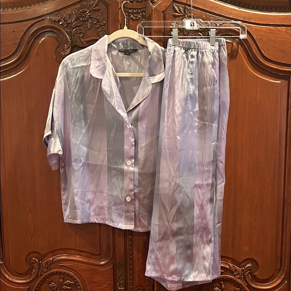 Elegant Satin Pajama Set in Purple/Silver (L top, S bottoms)